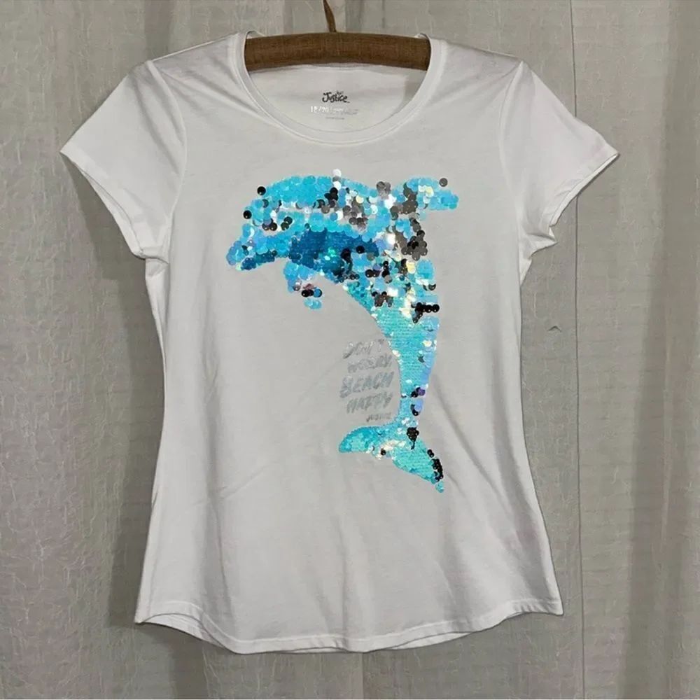 Justice 18-20 White Blue Silver Crew Short Sleeve Sequin Dolphin Tee